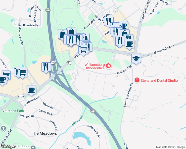 map of restaurants, bars, coffee shops, grocery stores, and more near 4050 Ironbound Road in Williamsburg