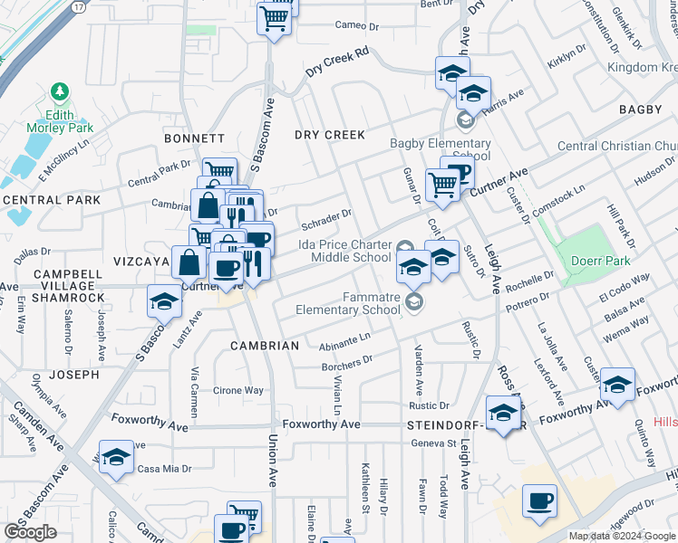 map of restaurants, bars, coffee shops, grocery stores, and more near 1967 Josephine Avenue in San Jose