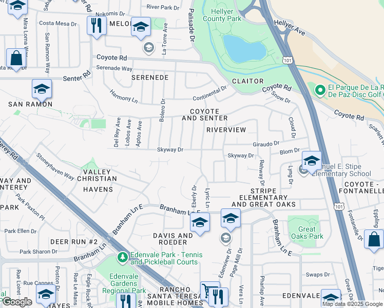 map of restaurants, bars, coffee shops, grocery stores, and more near 4744 Mendoza Avenue in San Jose
