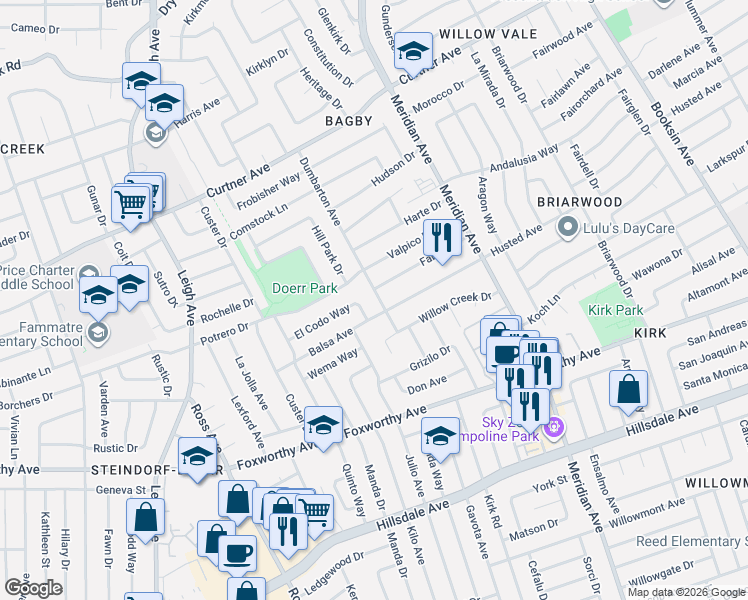 map of restaurants, bars, coffee shops, grocery stores, and more near 1744 Fabian Drive in San Jose