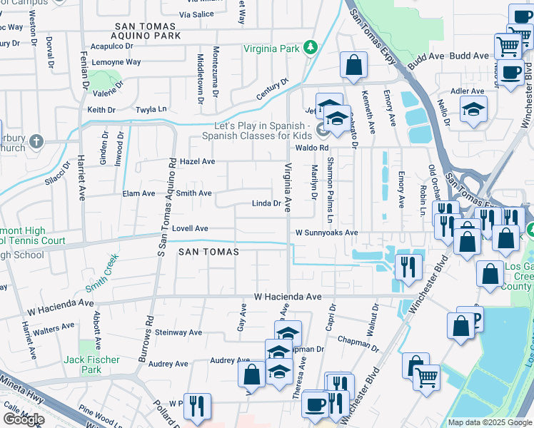 map of restaurants, bars, coffee shops, grocery stores, and more near 926 Linda Drive in Campbell