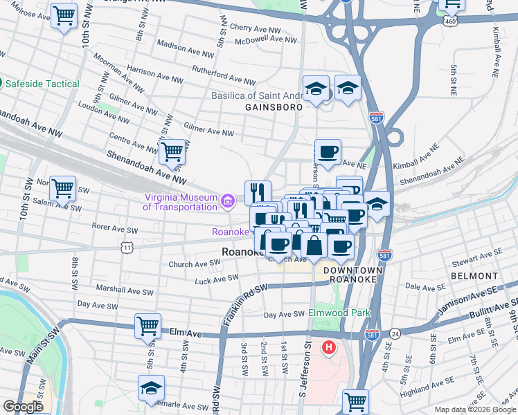 map of restaurants, bars, coffee shops, grocery stores, and more near 200 Shenandoah Ave NW in Roanoke