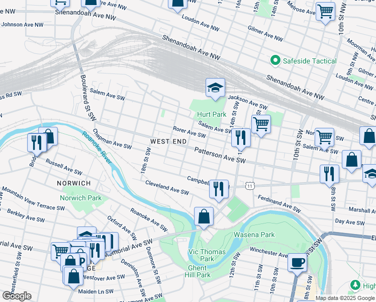 map of restaurants, bars, coffee shops, grocery stores, and more near in Roanoke