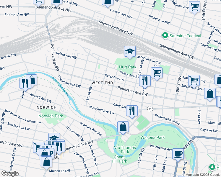 map of restaurants, bars, coffee shops, grocery stores, and more near in Roanoke