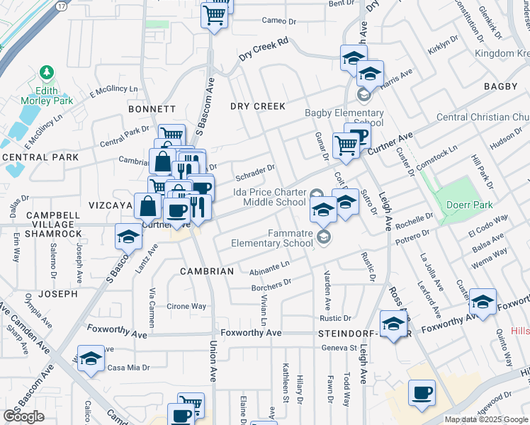 map of restaurants, bars, coffee shops, grocery stores, and more near 1967 Josephine Avenue in San Jose