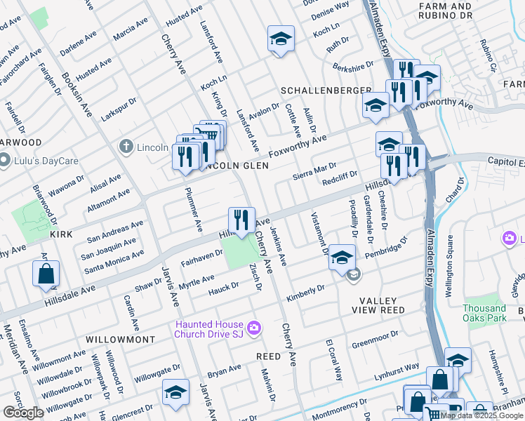 map of restaurants, bars, coffee shops, grocery stores, and more near 3137 Jenkins Avenue in San Jose