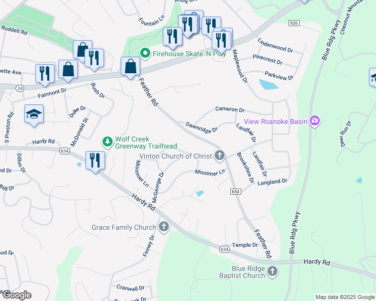 map of restaurants, bars, coffee shops, grocery stores, and more near 352 Crofton Drive in Vinton