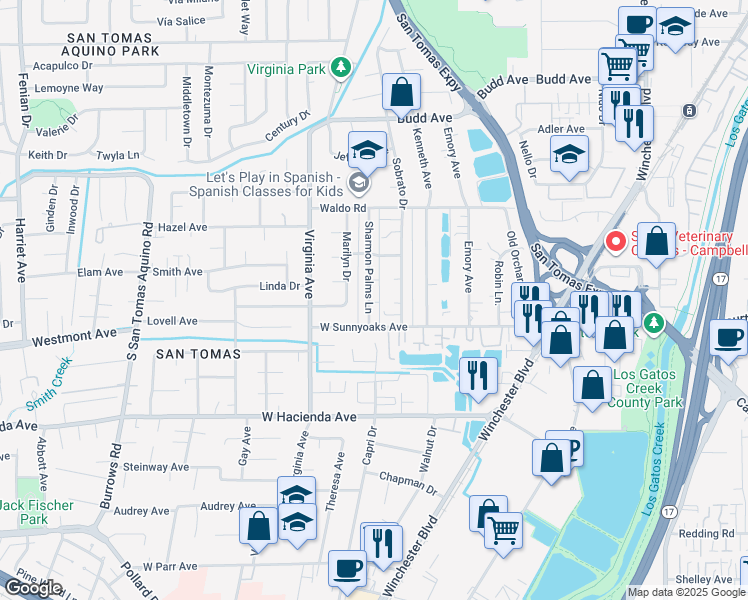 map of restaurants, bars, coffee shops, grocery stores, and more near 936 Sharmon Palms Lane in Campbell