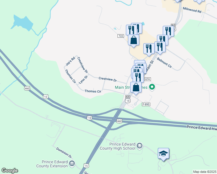 map of restaurants, bars, coffee shops, grocery stores, and more near 100-108 Thomas Circle in Farmville