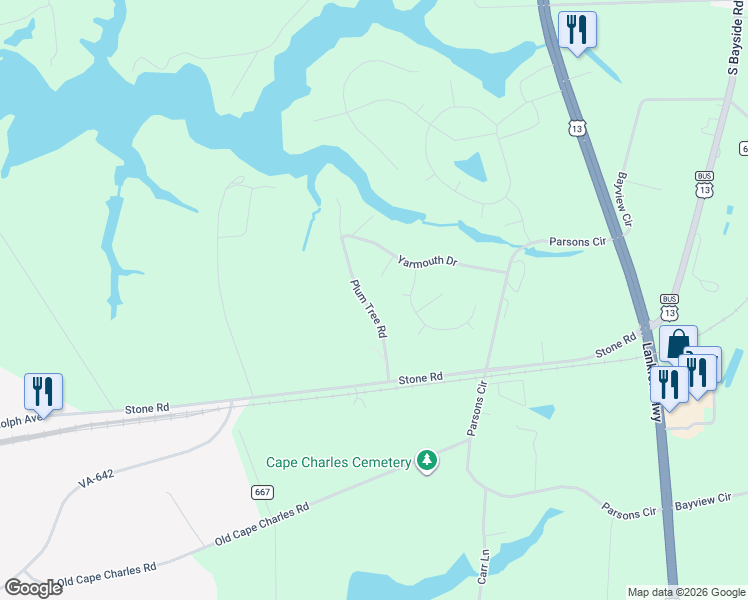 map of restaurants, bars, coffee shops, grocery stores, and more near 22325 Plum Tree Road in Cape Charles