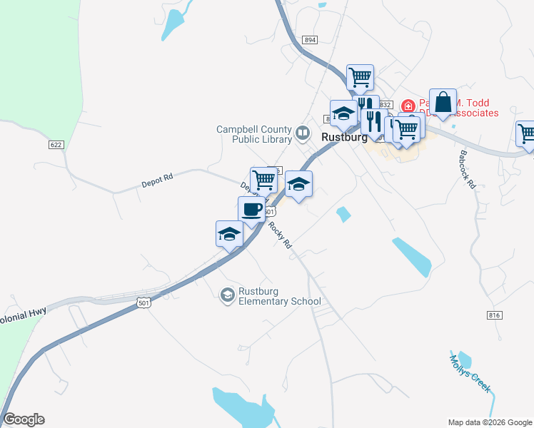 map of restaurants, bars, coffee shops, grocery stores, and more near East Highway 501 in Rustburg