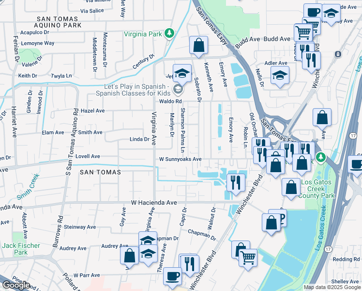 map of restaurants, bars, coffee shops, grocery stores, and more near 935 Sharmon Palms Lane in Campbell