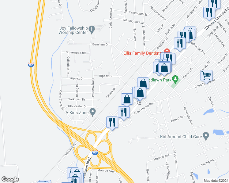 map of restaurants, bars, coffee shops, grocery stores, and more near 613 Sidney Street in Hopewell