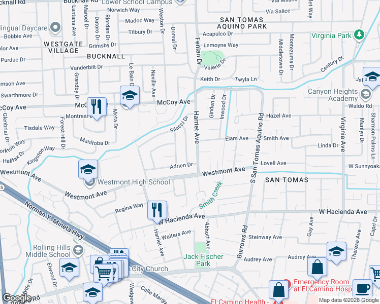 map of restaurants, bars, coffee shops, grocery stores, and more near 872 Loyalton Drive in Campbell