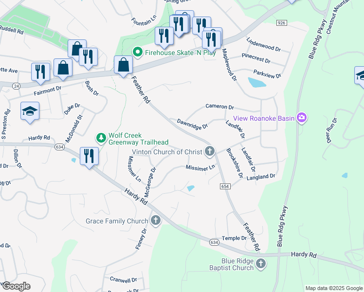 map of restaurants, bars, coffee shops, grocery stores, and more near 346 Crofton Drive in Vinton