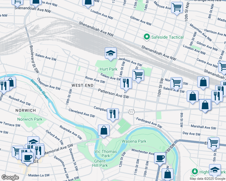 map of restaurants, bars, coffee shops, grocery stores, and more near 1406 Rorer Ave SW in Roanoke