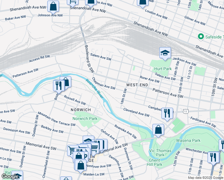 map of restaurants, bars, coffee shops, grocery stores, and more near 1825 Chapman Avenue Southwest in Roanoke