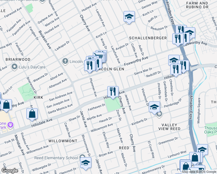 map of restaurants, bars, coffee shops, grocery stores, and more near 1440 Revere Avenue in San Jose