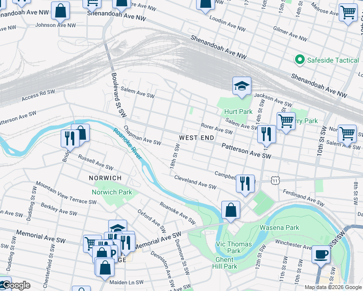 map of restaurants, bars, coffee shops, grocery stores, and more near 1730 Patterson Avenue Southwest in Roanoke