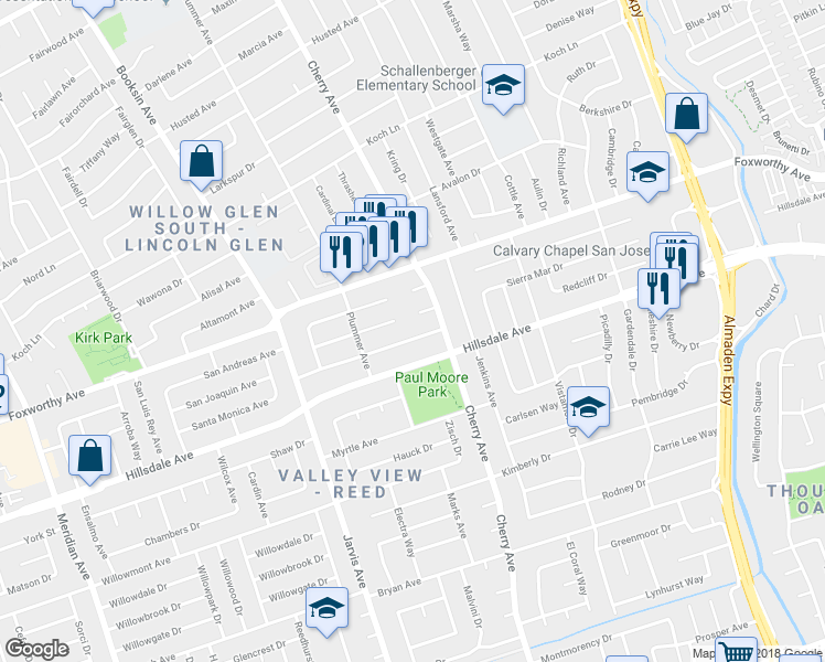 map of restaurants, bars, coffee shops, grocery stores, and more near 1440 Revere Avenue in San Jose