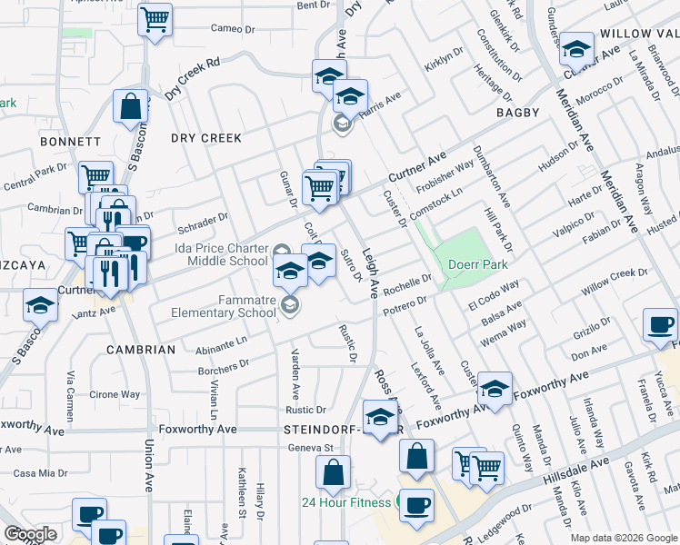 map of restaurants, bars, coffee shops, grocery stores, and more near 2666 Coit Drive in San Jose