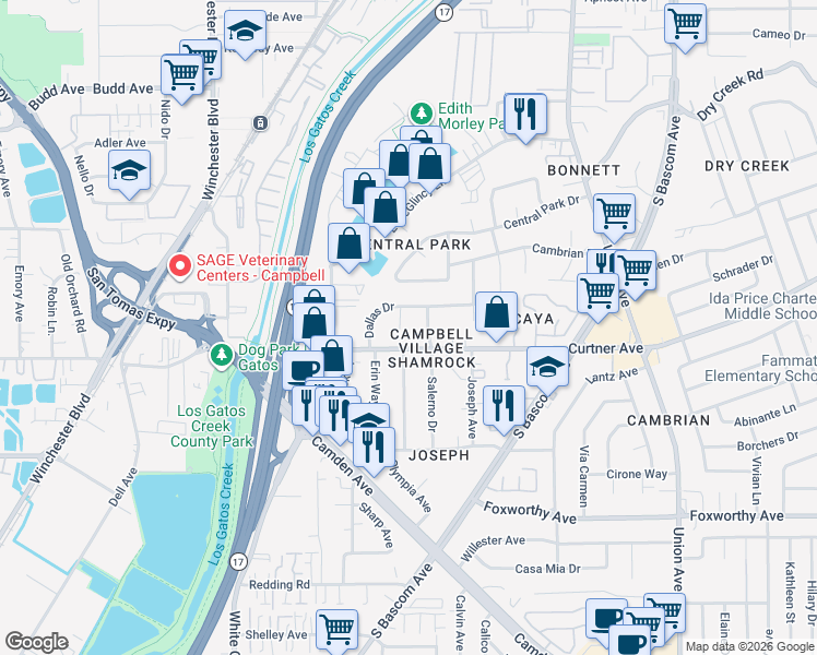 map of restaurants, bars, coffee shops, grocery stores, and more near 945 Norin Court in Campbell