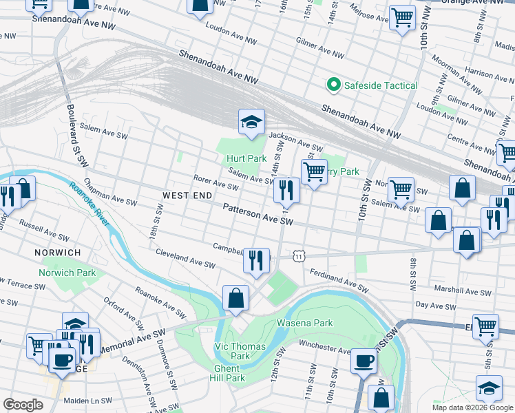 map of restaurants, bars, coffee shops, grocery stores, and more near 1406 Rorer Ave SW in Roanoke