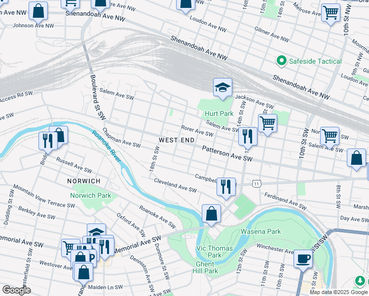 map of restaurants, bars, coffee shops, grocery stores, and more near 1650 17th Street Southwest in Roanoke
