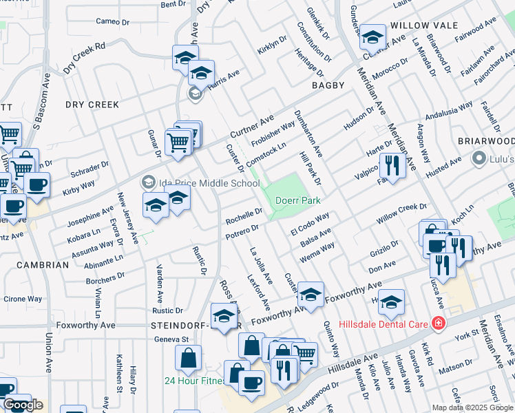 map of restaurants, bars, coffee shops, grocery stores, and more near 2685 Custer Drive in San Jose