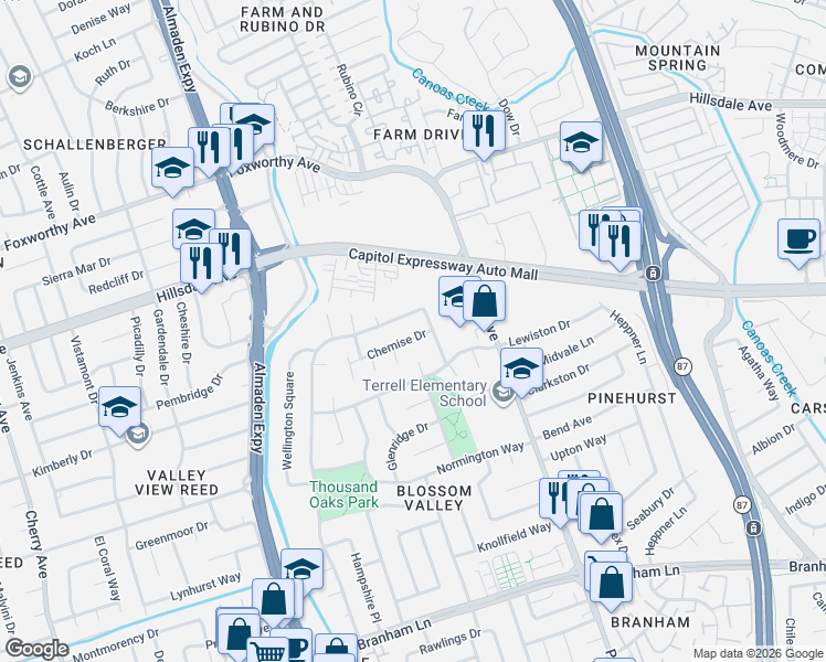 map of restaurants, bars, coffee shops, grocery stores, and more near 3583 Lynx Drive in San Jose