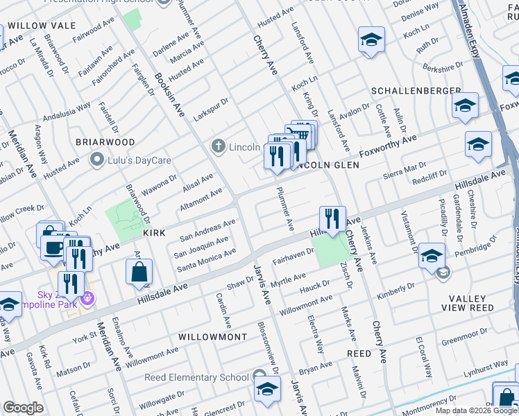 map of restaurants, bars, coffee shops, grocery stores, and more near 1477 Jeffery Avenue in San Jose