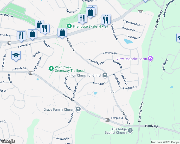 map of restaurants, bars, coffee shops, grocery stores, and more near 352 Crofton Drive in Vinton