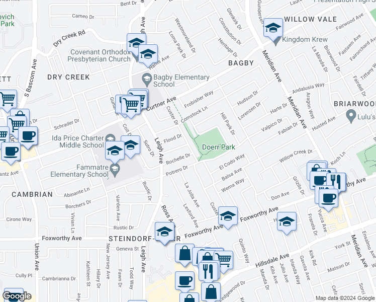 map of restaurants, bars, coffee shops, grocery stores, and more near 2685 Custer Drive in San Jose