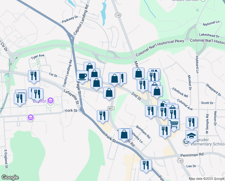 map of restaurants, bars, coffee shops, grocery stores, and more near 301 2nd Street in Williamsburg