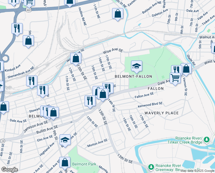 map of restaurants, bars, coffee shops, grocery stores, and more near 1612 Stewart Avenue Southeast in Roanoke