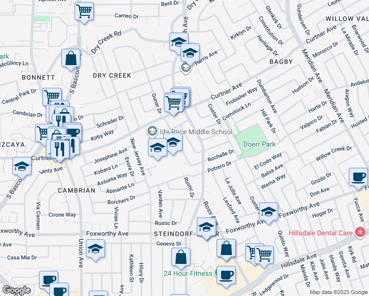 map of restaurants, bars, coffee shops, grocery stores, and more near 2682 Coit Drive in San Jose