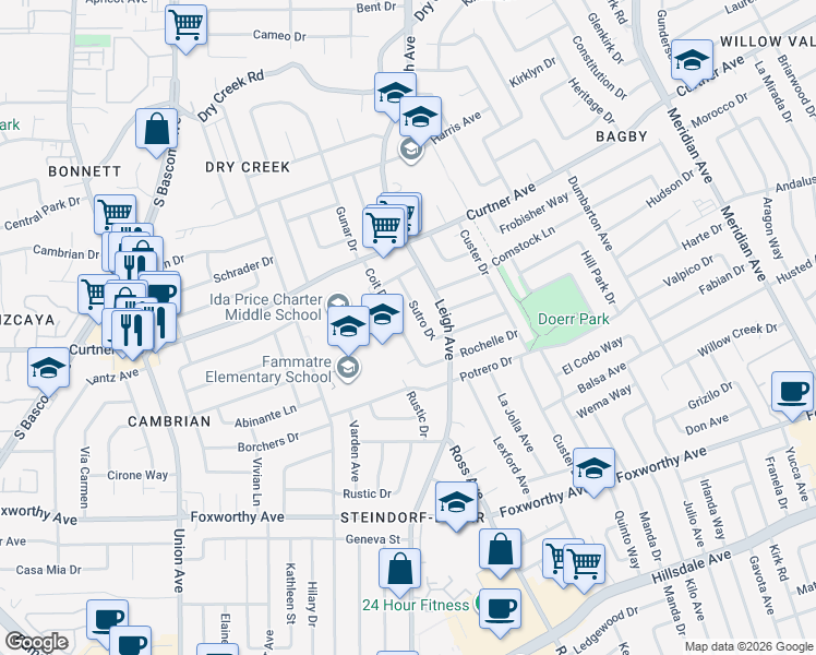 map of restaurants, bars, coffee shops, grocery stores, and more near 2666 Coit Drive in San Jose