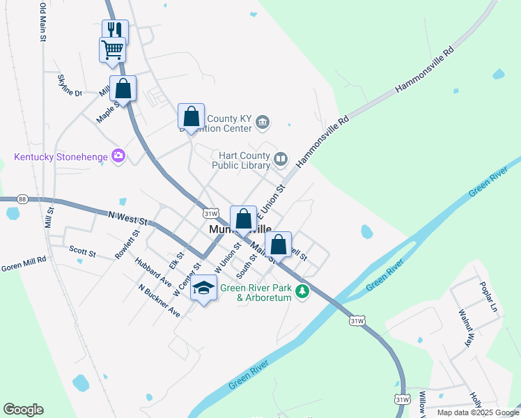 map of restaurants, bars, coffee shops, grocery stores, and more near 210 E Union St in Munfordville