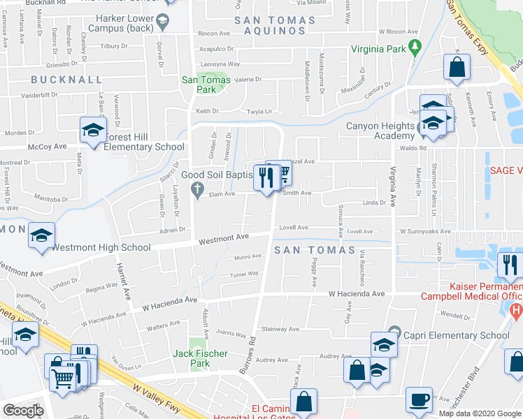 map of restaurants, bars, coffee shops, grocery stores, and more near 961 Jonathan Court in Campbell