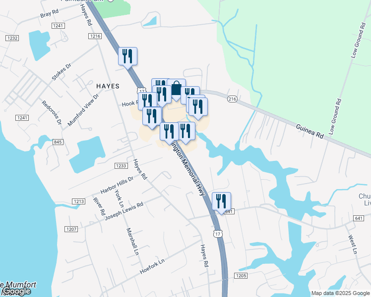 map of restaurants, bars, coffee shops, grocery stores, and more near 2297 George Washington Memorial Hwy in Gloucester Point