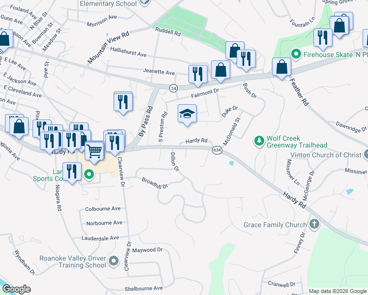 map of restaurants, bars, coffee shops, grocery stores, and more near 1130 Hardy Road in Vinton