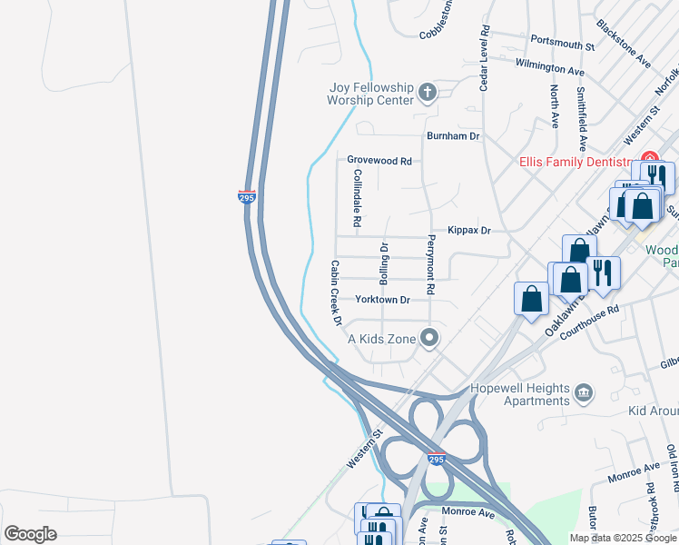 map of restaurants, bars, coffee shops, grocery stores, and more near 4015 Jamestown Drive in Hopewell