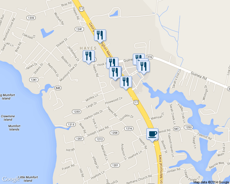 map of restaurants, bars, coffee shops, grocery stores, and more near 7476 Larchmont Road in Gloucester Point