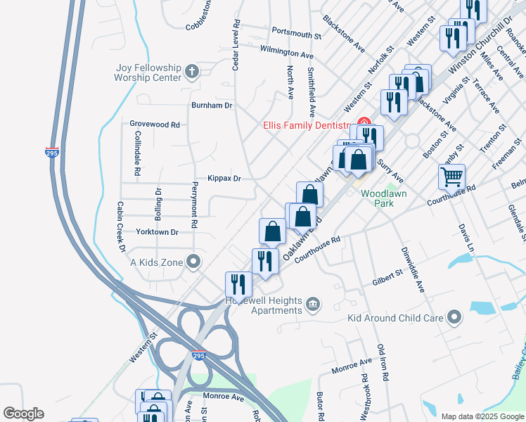 map of restaurants, bars, coffee shops, grocery stores, and more near 3904 Western Street in Hopewell