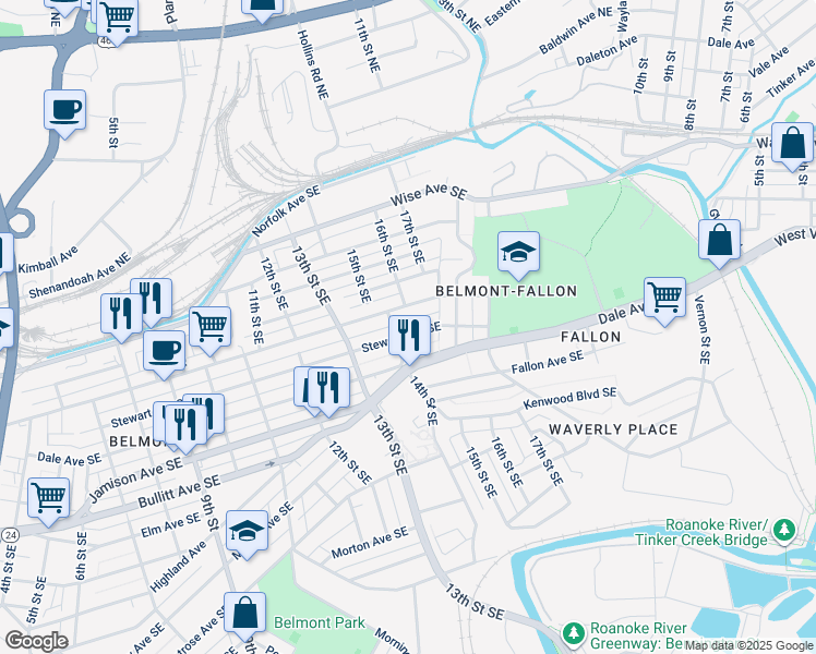 map of restaurants, bars, coffee shops, grocery stores, and more near 1612 Stewart Avenue Southeast in Roanoke
