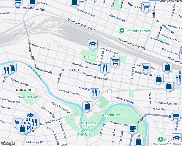 map of restaurants, bars, coffee shops, grocery stores, and more near 1509 Patterson Avenue Southwest in Roanoke