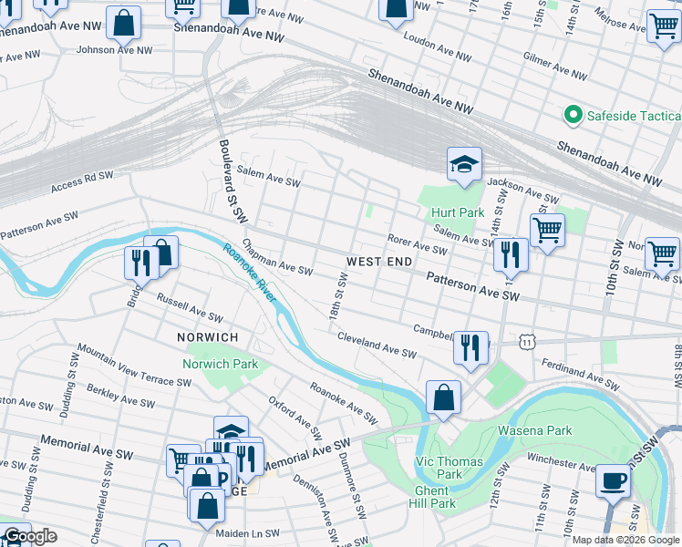 map of restaurants, bars, coffee shops, grocery stores, and more near 1802 Patterson Avenue Southwest in Roanoke