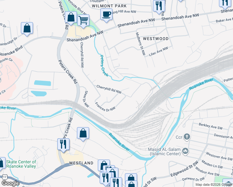 map of restaurants, bars, coffee shops, grocery stores, and more near 204 Cherryhill Road Northwest in Roanoke