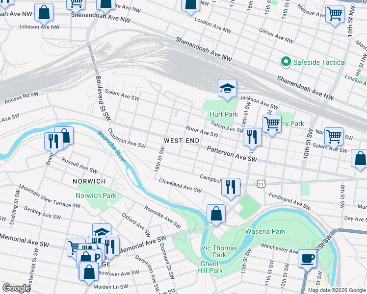 map of restaurants, bars, coffee shops, grocery stores, and more near 1650 17th Street Southwest in Roanoke