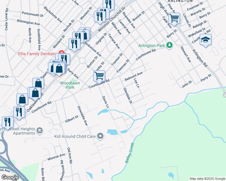 map of restaurants, bars, coffee shops, grocery stores, and more near 1409 Peterson Mill Road in Hopewell